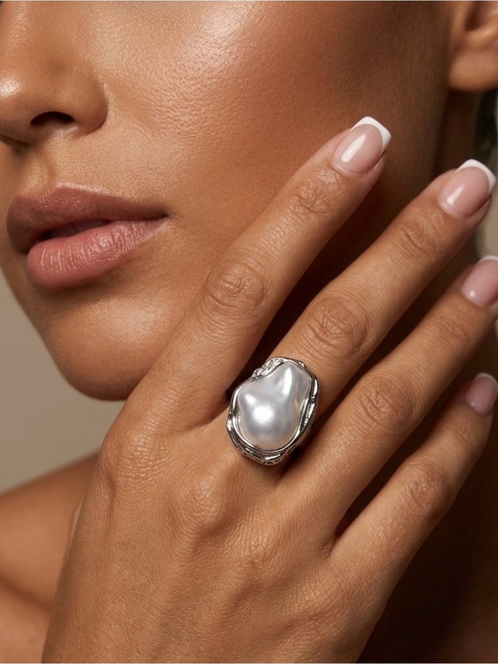 Silver Pearl Statement Ring - White
